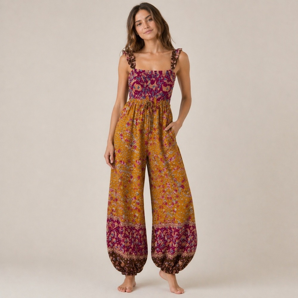 Free People Paisley Print Wide Leg Jumpsuit Mustard Magenta Boho XS
